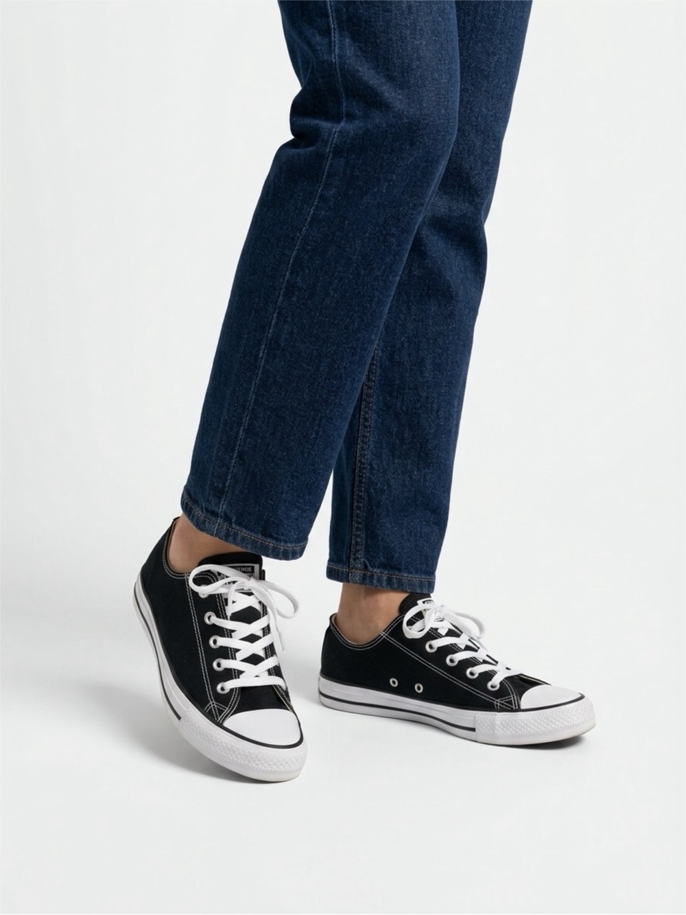Womens Black Low-Top Canvas Sneakers with White Laces